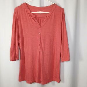 Eddie Bauer Roll Tab Henley Top Cotton Blouse Relaxed Fit 3/4 Slve Womens XL